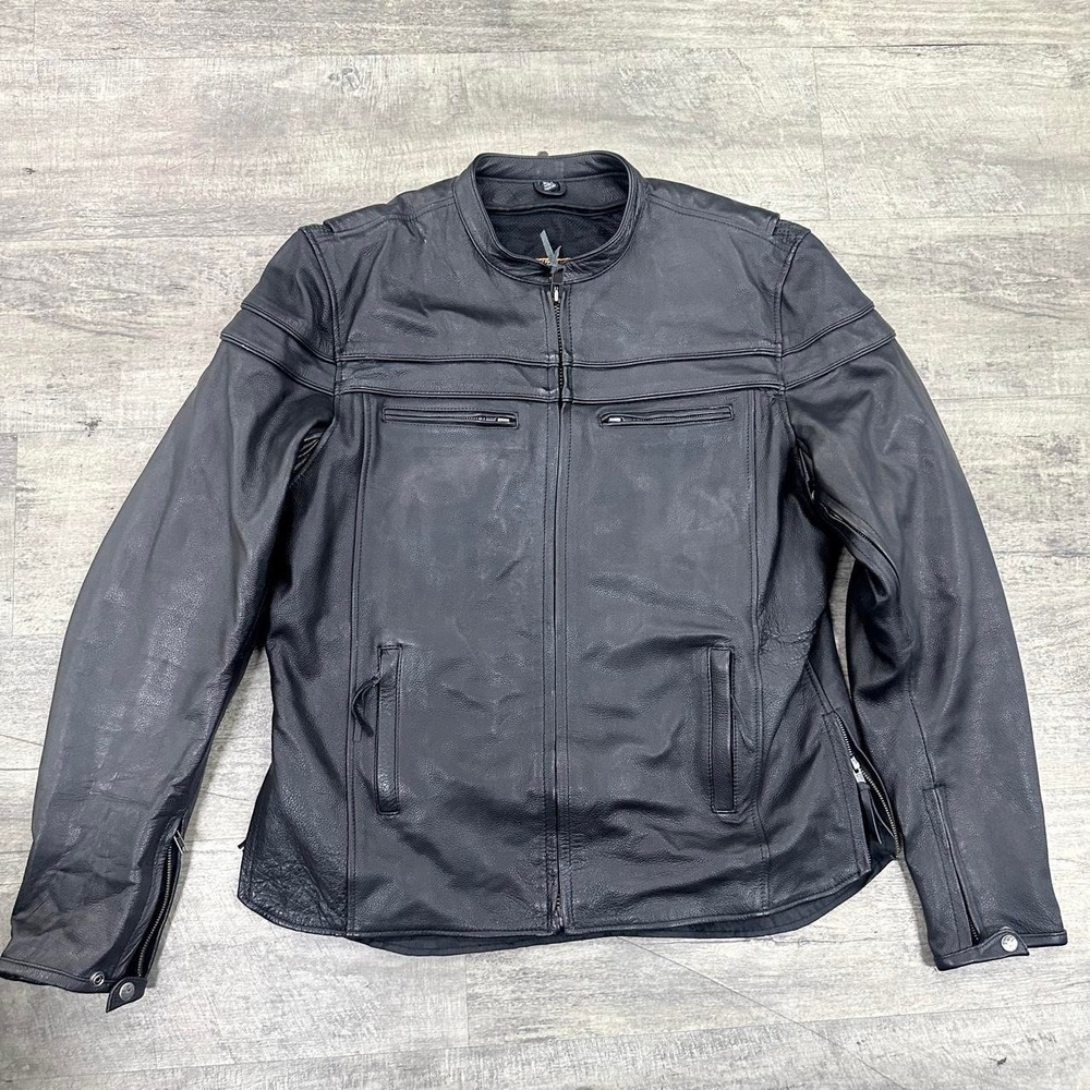 First Classics Black Leather Biker Jacket Mesh Lined Zipper Pockets Size XL